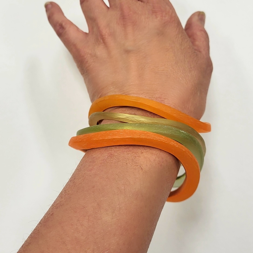 Vintage Frosted Lucite Bangle Bracelet set of 4 1960s to 70s Orange Green Yellow
